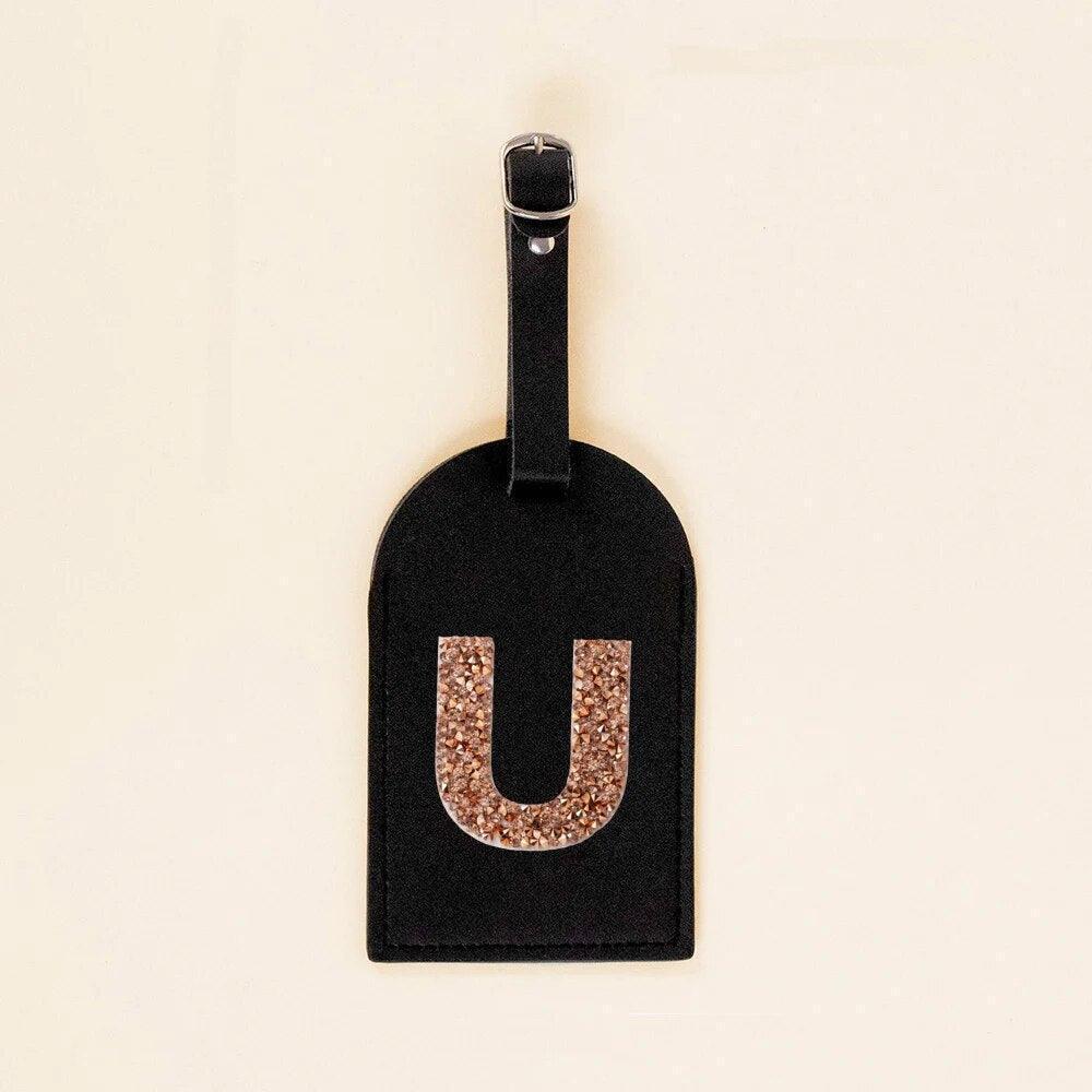 monogram rhinestone luggage tag (black/gold) - basil boutique