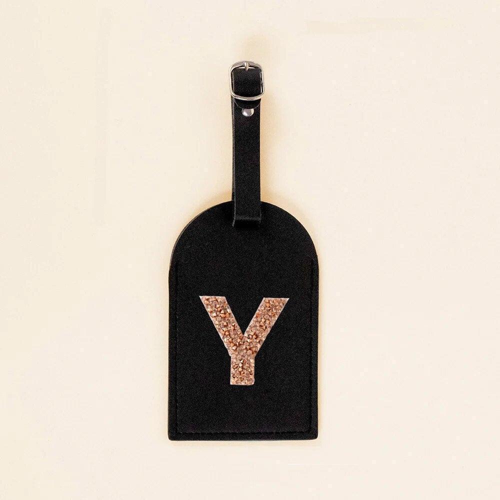 monogram rhinestone luggage tag (black/gold) - basil boutique