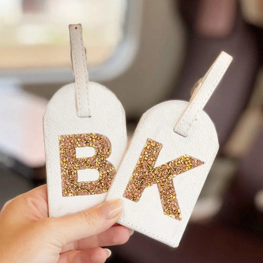 monogram rhinestone luggage tag (white/gold) - basil boutique