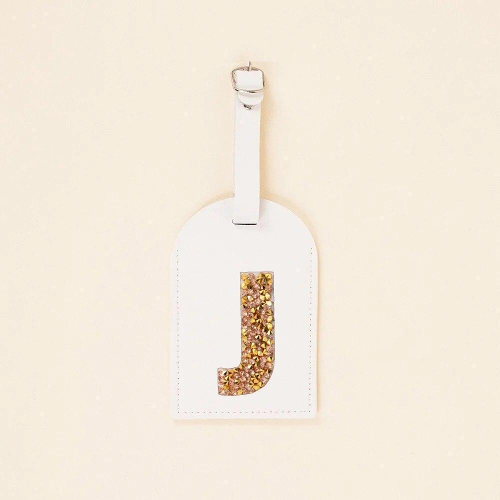 monogram rhinestone luggage tag (white/gold) - basil boutique
