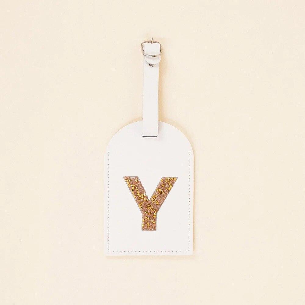 monogram rhinestone luggage tag (white/gold) - basil boutique