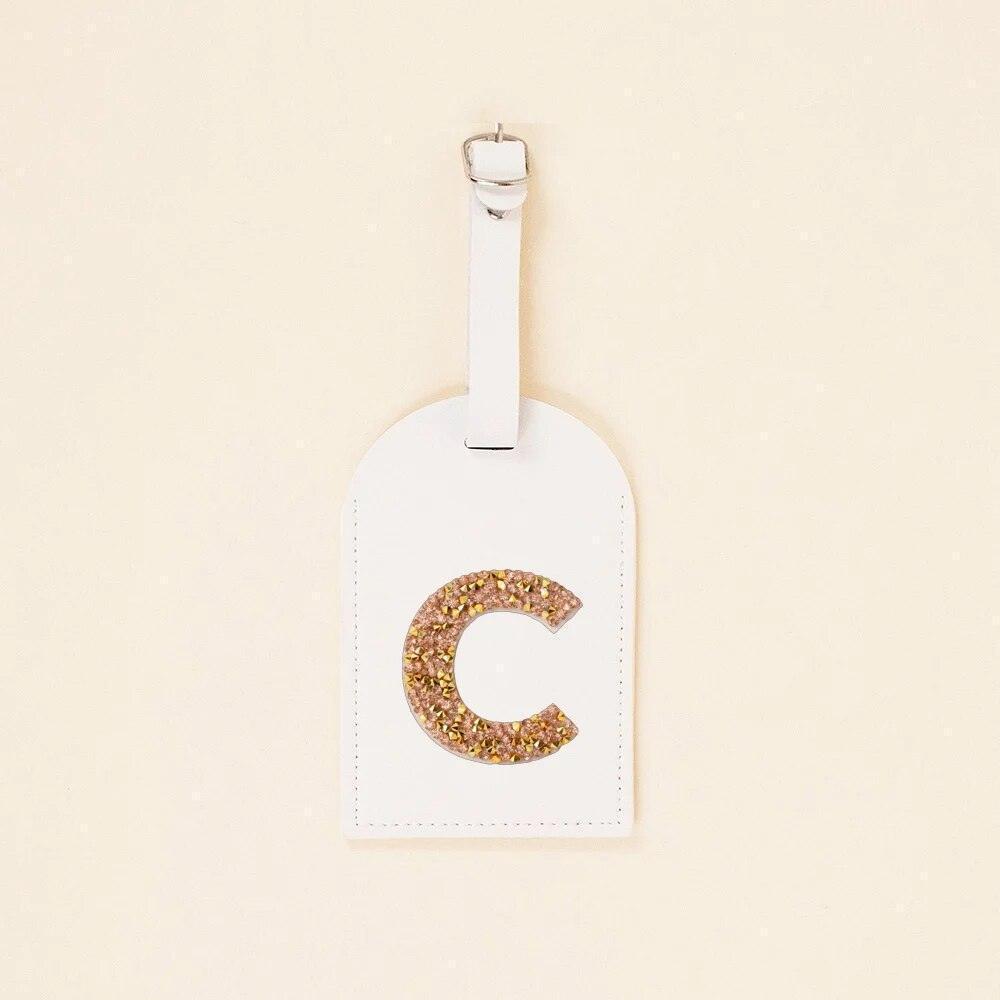 monogram rhinestone luggage tag (white/gold) - basil boutique