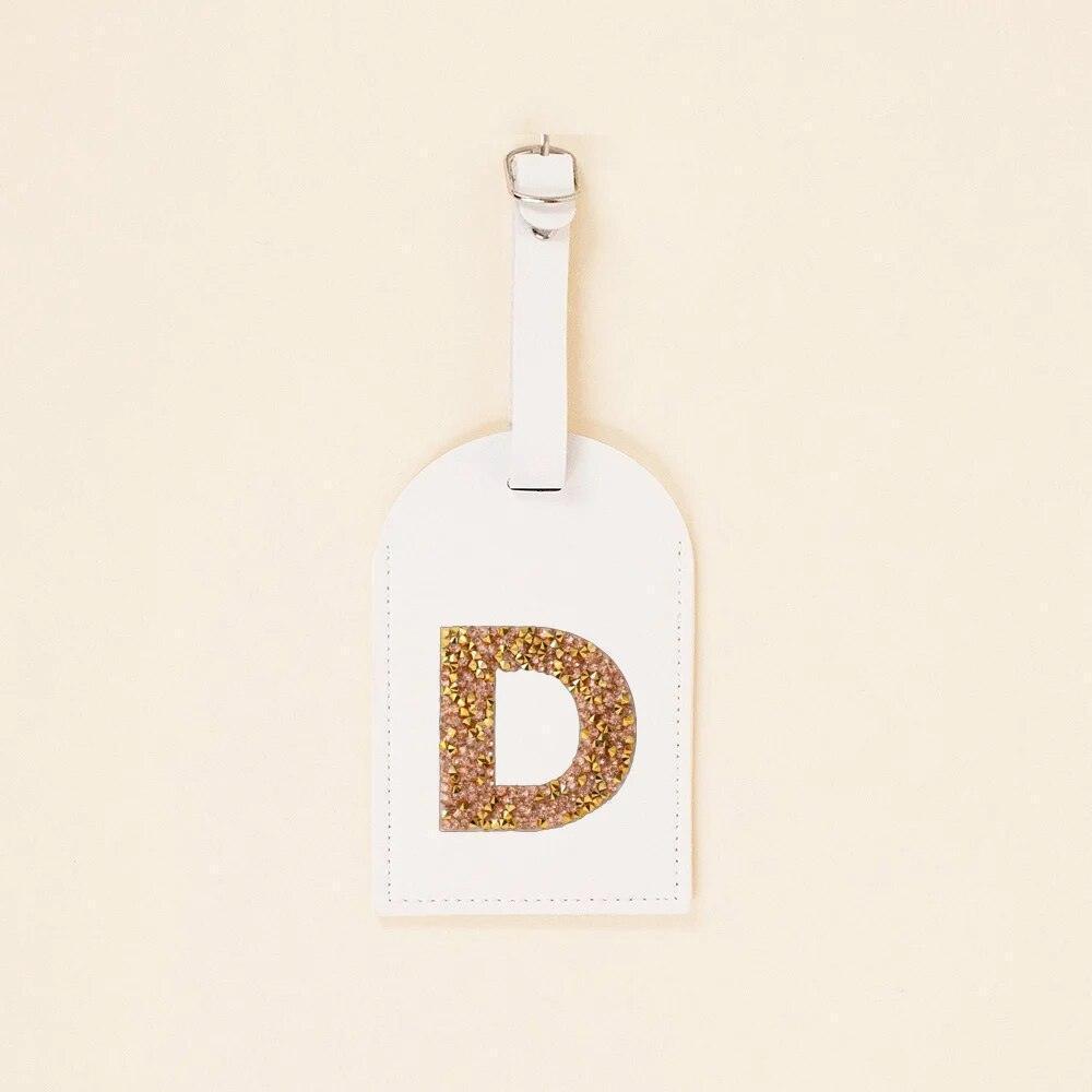 monogram rhinestone luggage tag (white/gold) - basil boutique