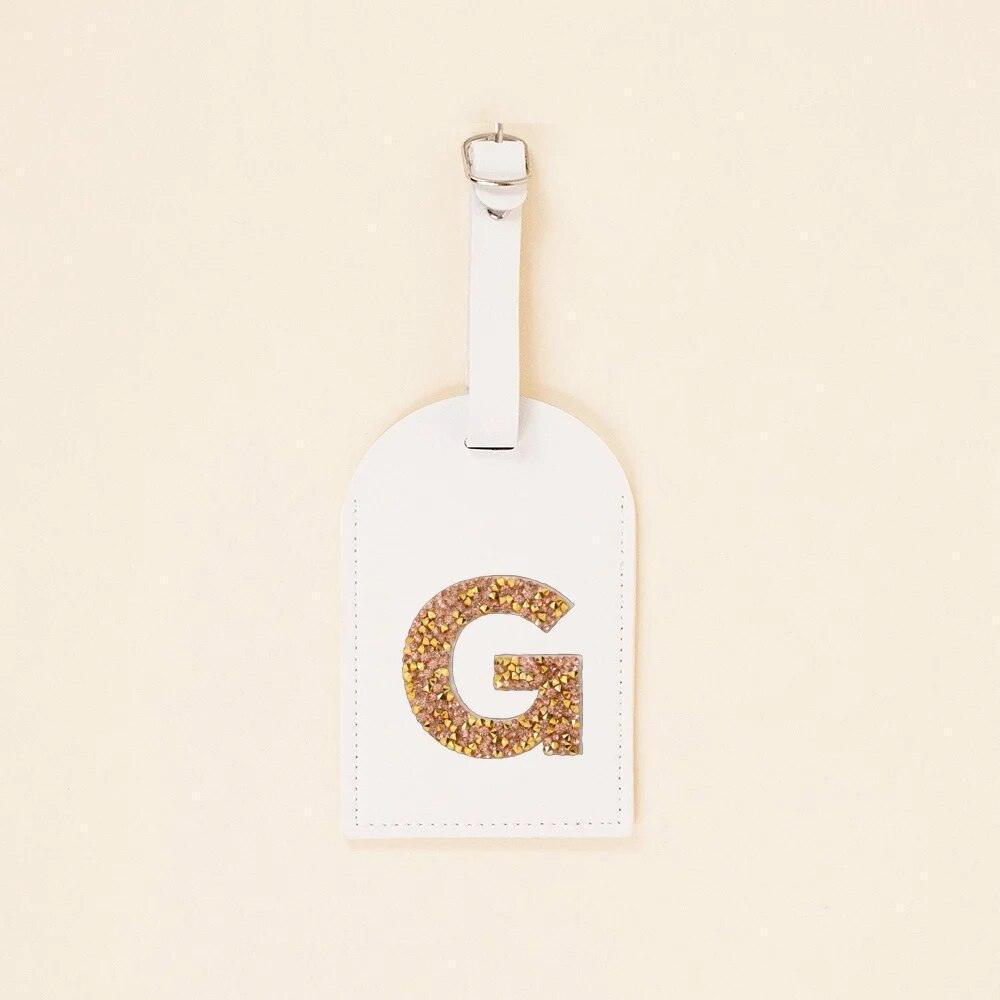 monogram rhinestone luggage tag (white/gold) - basil boutique