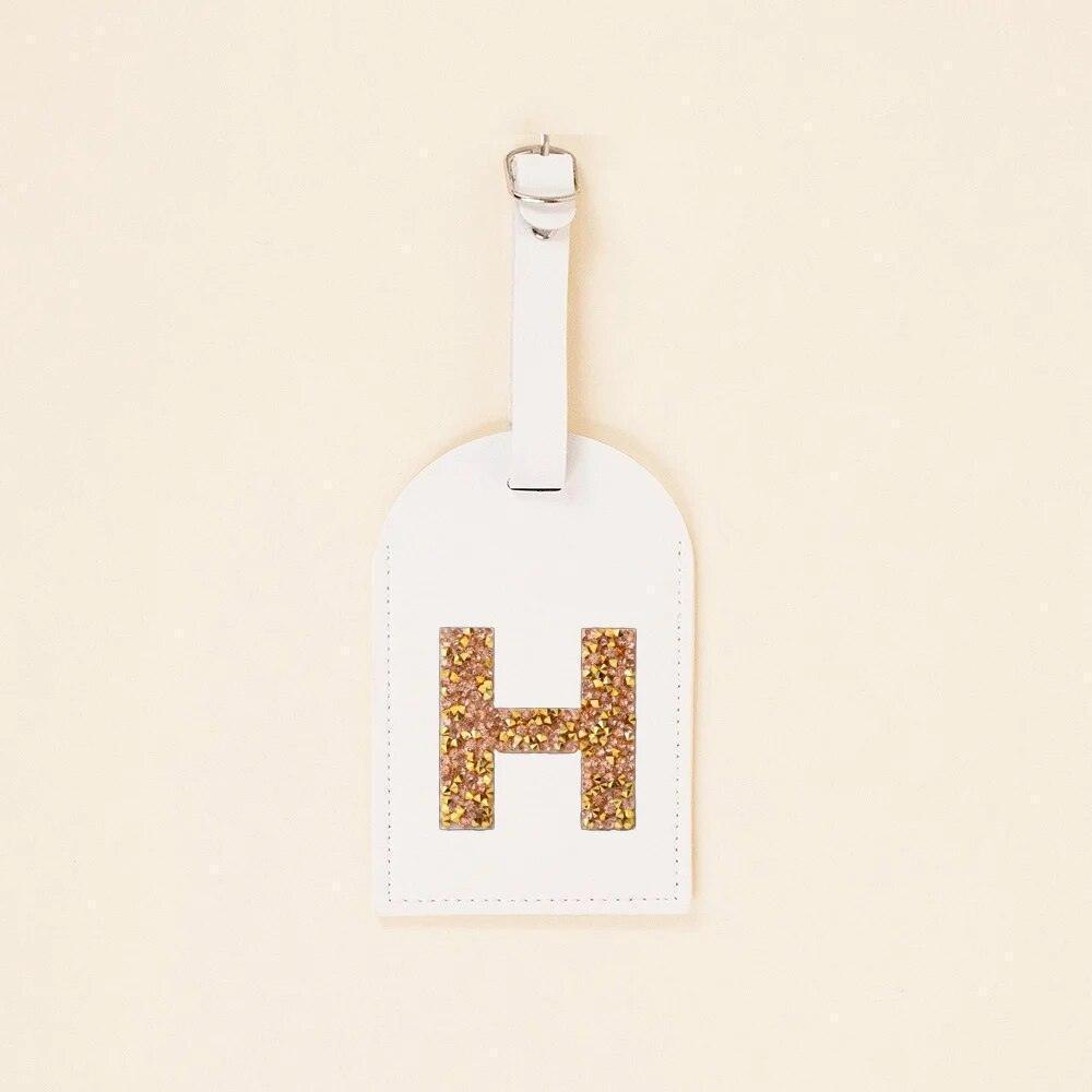 monogram rhinestone luggage tag (white/gold) - basil boutique