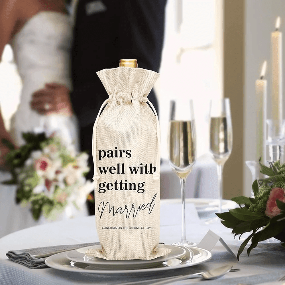 pairs well with getting married wine bottle bag - basil boutique