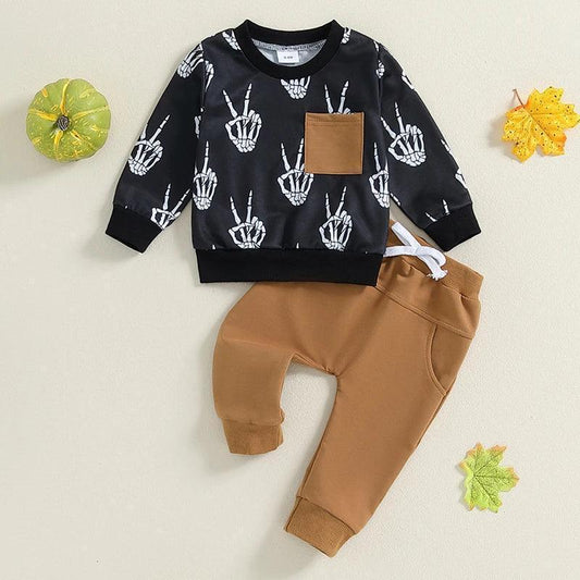 peace + skeletons kids outfit - basil boutique