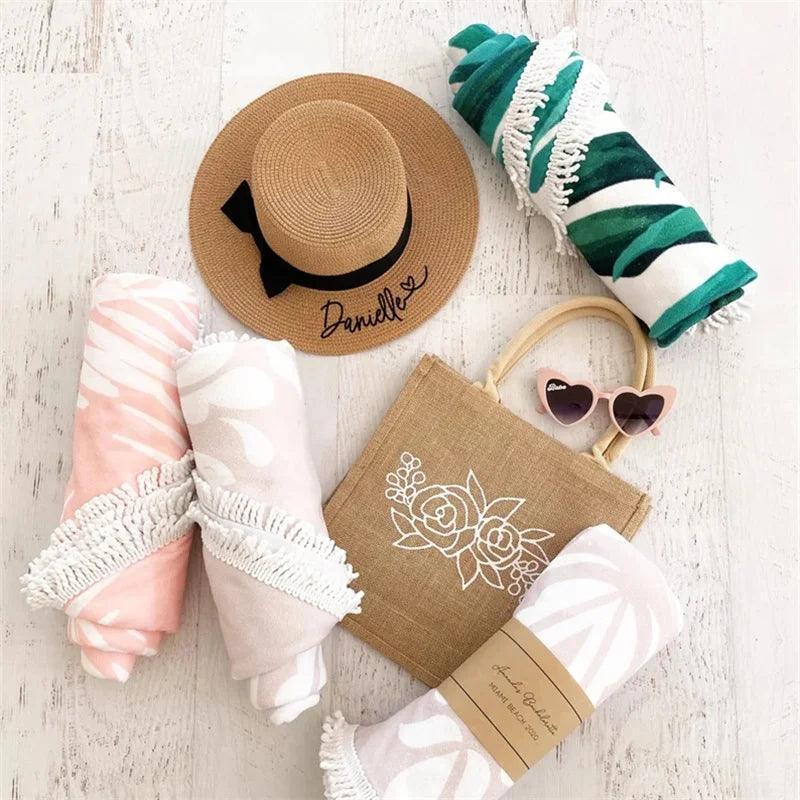 personalized pink tropical beach towel - basil boutique