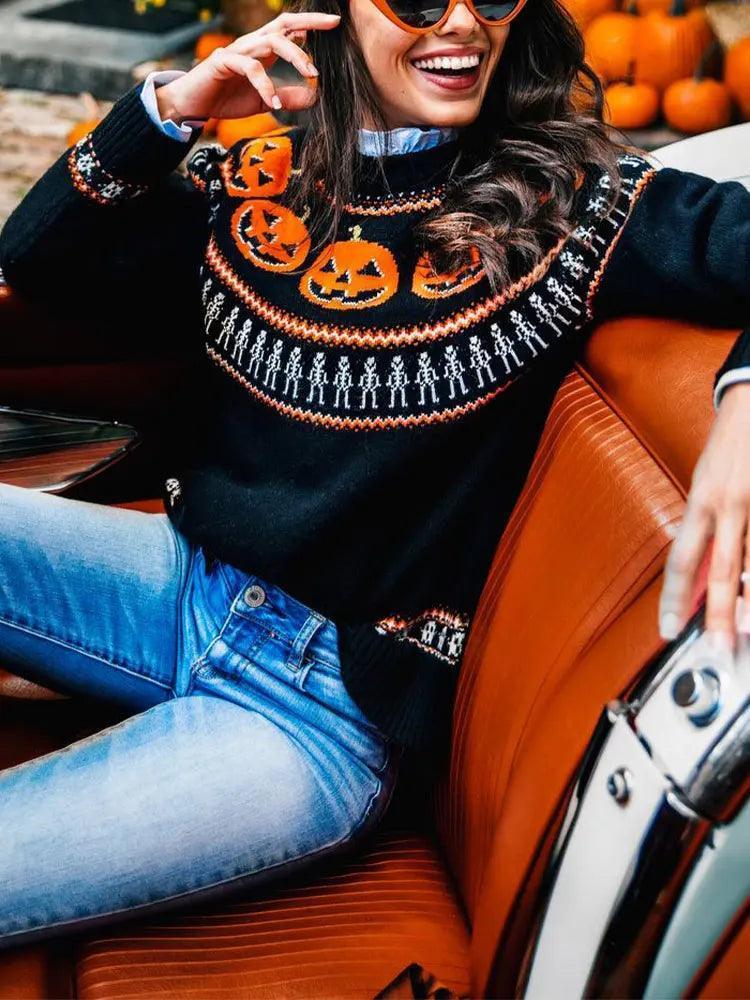 pumpkins + skeletons knit sweater - basil boutique