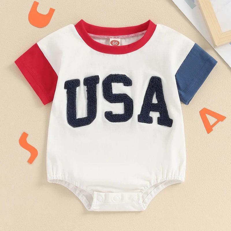 2024-03-11 Lioraitiin 0-18M Baby Girls Boys Independence Day Romper Short Sleeve O-neck Letter Embroidery Contrast Color Romper - basil boutique