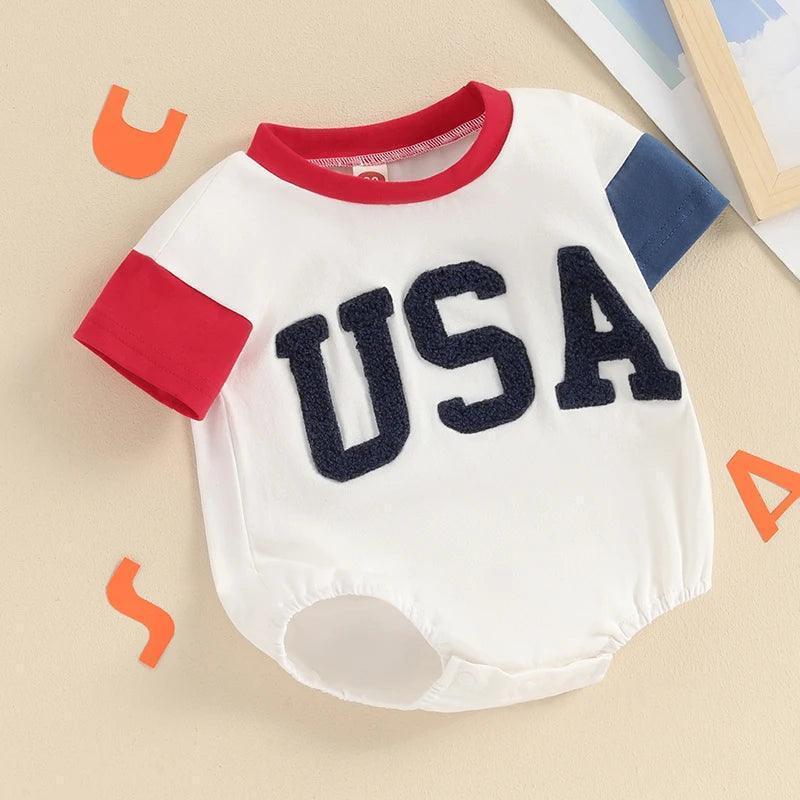 2024-03-11 Lioraitiin 0-18M Baby Girls Boys Independence Day Romper Short Sleeve O-neck Letter Embroidery Contrast Color Romper - basil boutique