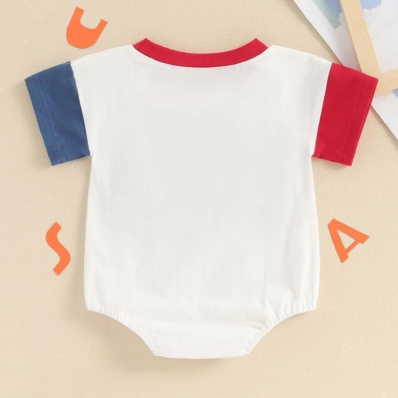 2024-03-11 Lioraitiin 0-18M Baby Girls Boys Independence Day Romper Short Sleeve O-neck Letter Embroidery Contrast Color Romper - basil boutique