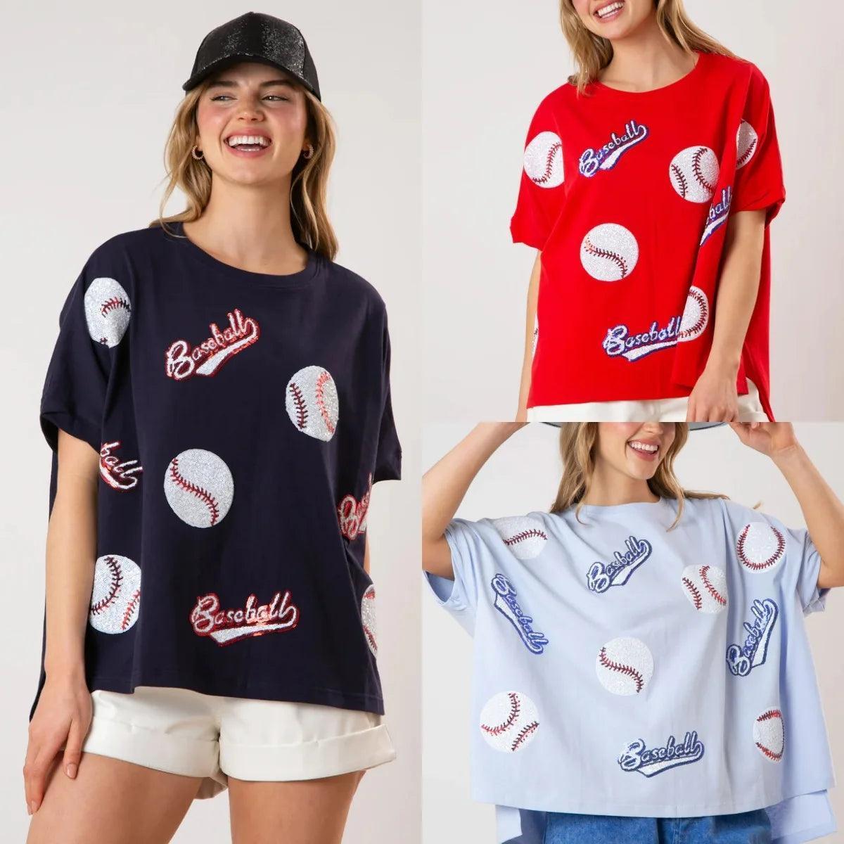 retro baseball sequin top - basil boutique