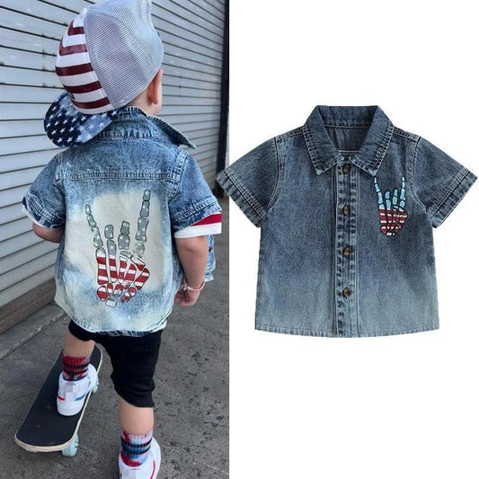 rock on usa button down kids shirt - basil boutique