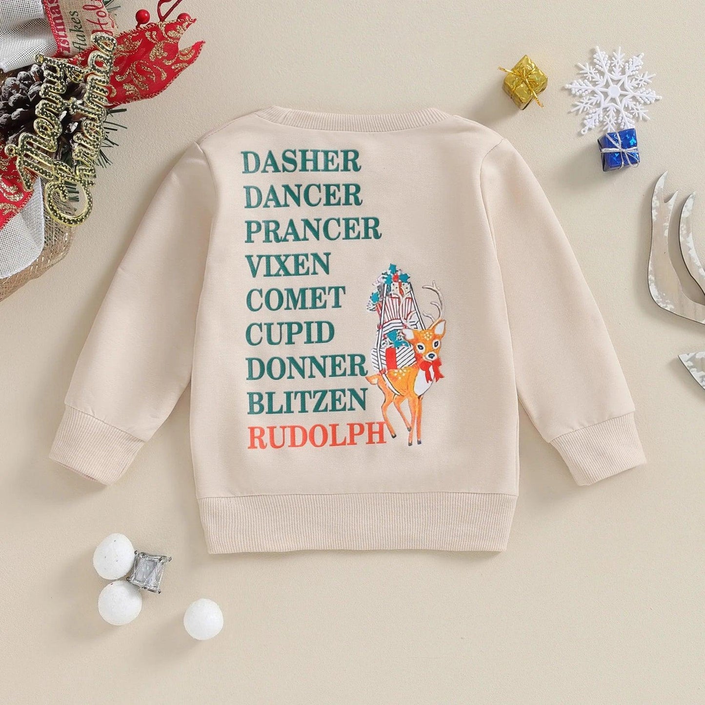 santa's reindeer kids crew sweatshirt - basil boutique