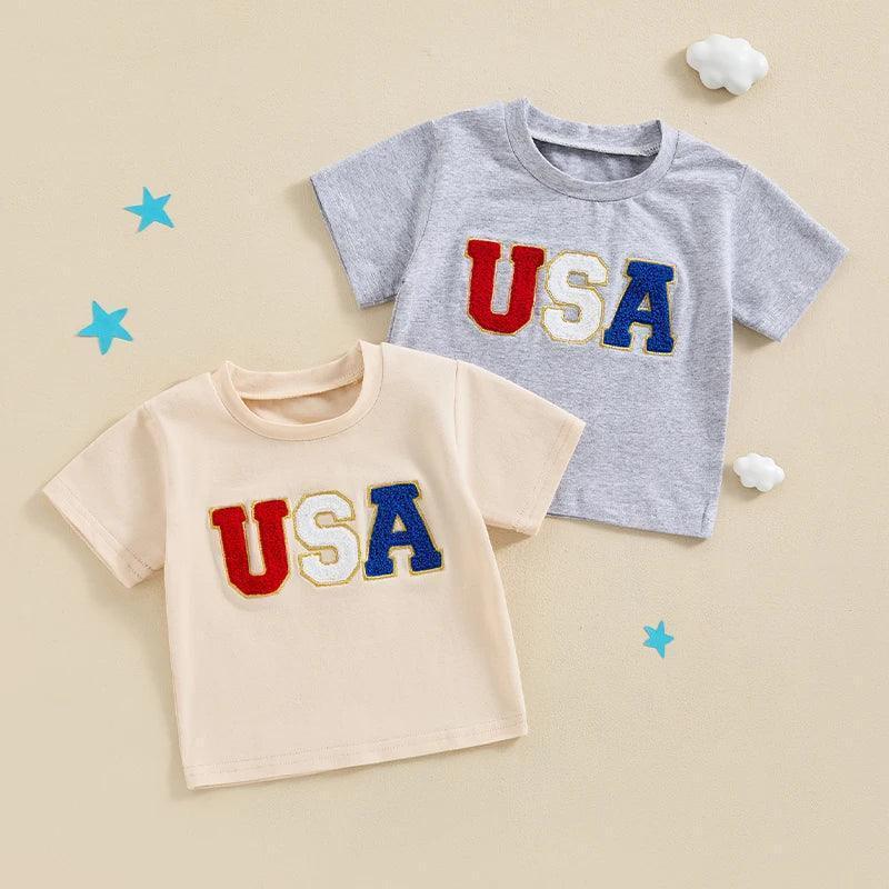 2024-03-18 Lioraitiin Toddler Baby Boys 4th of July Shirt Cute Short Sleeve Embroidery USA T-Shirt Top Infant American Outfits - basil boutique