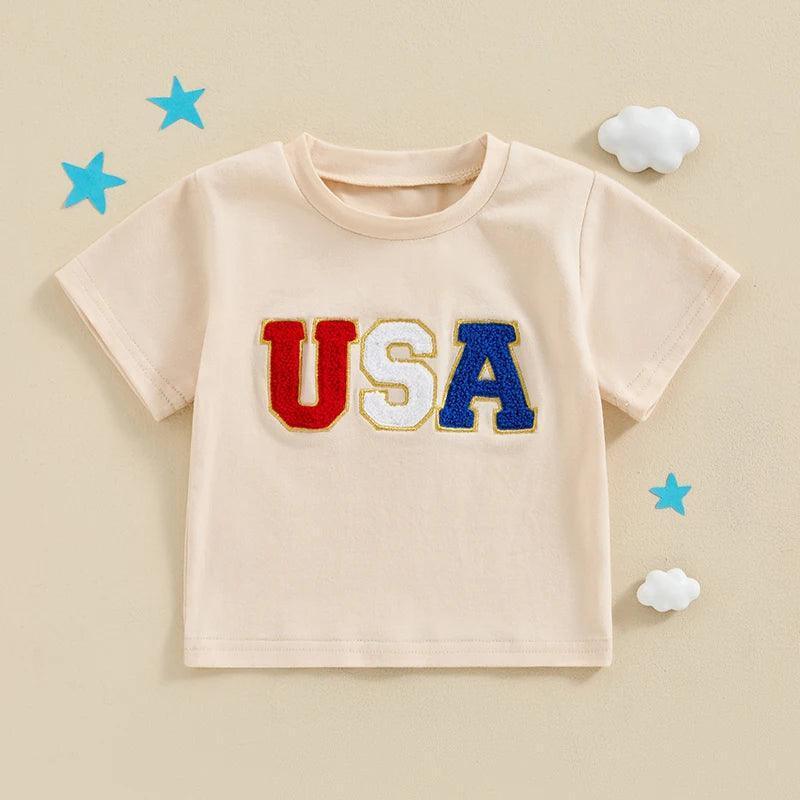 2024-03-18 Lioraitiin Toddler Baby Boys 4th of July Shirt Cute Short Sleeve Embroidery USA T-Shirt Top Infant American Outfits - basil boutique