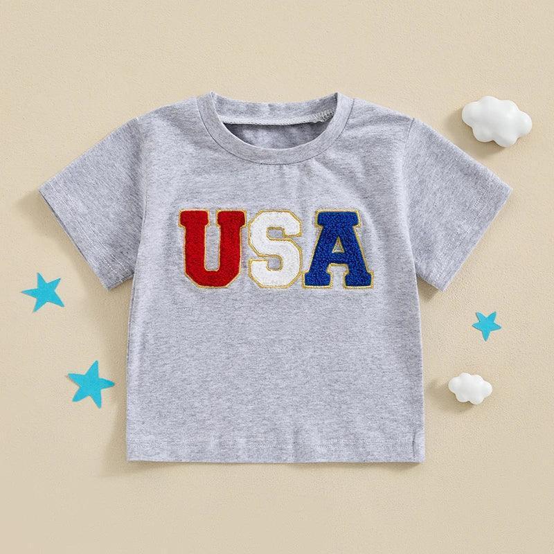 2024-03-18 Lioraitiin Toddler Baby Boys 4th of July Shirt Cute Short Sleeve Embroidery USA T-Shirt Top Infant American Outfits - basil boutique