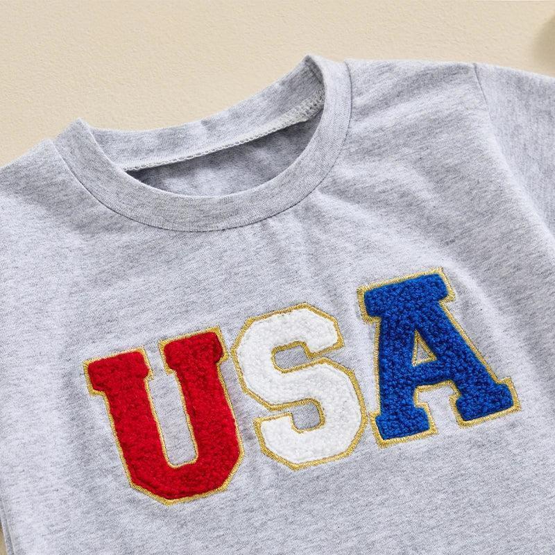 2024-03-18 Lioraitiin Toddler Baby Boys 4th of July Shirt Cute Short Sleeve Embroidery USA T-Shirt Top Infant American Outfits - basil boutique