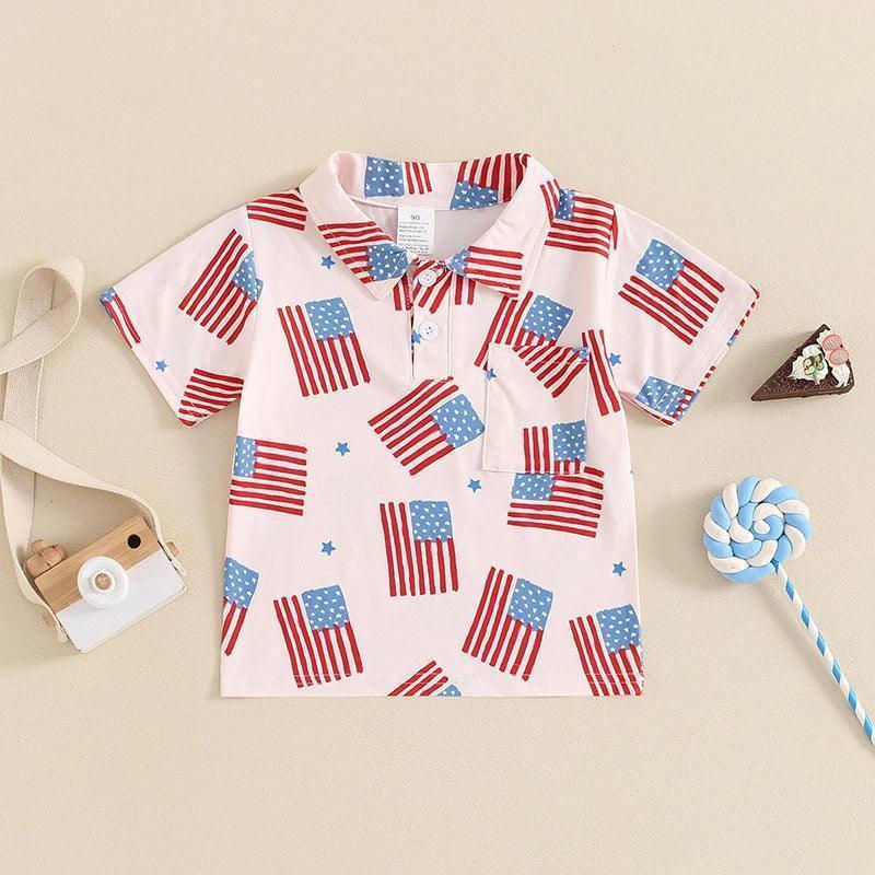 2024-03-19 Lioraitiin 1-6Y Toddler Kids Boy Button down T-Shirts Casual 4th of July Flag Print Cute Tops Summer Clothes - basil boutique