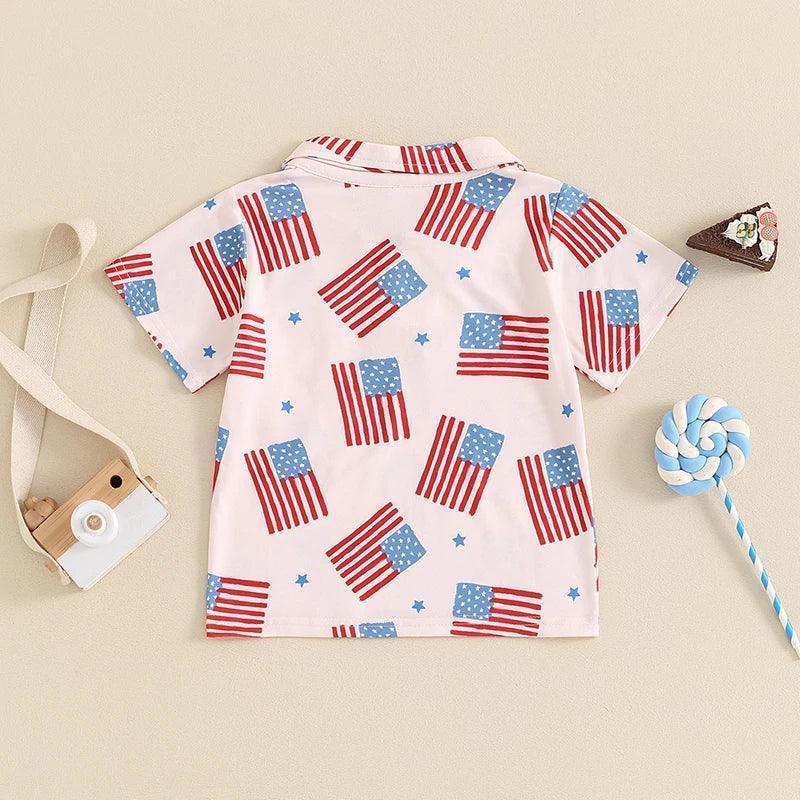 2024-03-19 Lioraitiin 1-6Y Toddler Kids Boy Button down T-Shirts Casual 4th of July Flag Print Cute Tops Summer Clothes - basil boutique