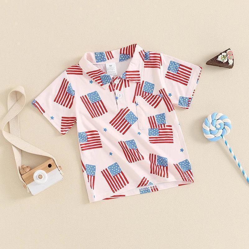 2024-03-19 Lioraitiin 1-6Y Toddler Kids Boy Button down T-Shirts Casual 4th of July Flag Print Cute Tops Summer Clothes - basil boutique