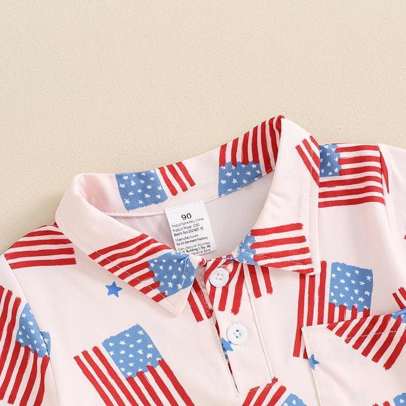 2024-03-19 Lioraitiin 1-6Y Toddler Kids Boy Button down T-Shirts Casual 4th of July Flag Print Cute Tops Summer Clothes - basil boutique