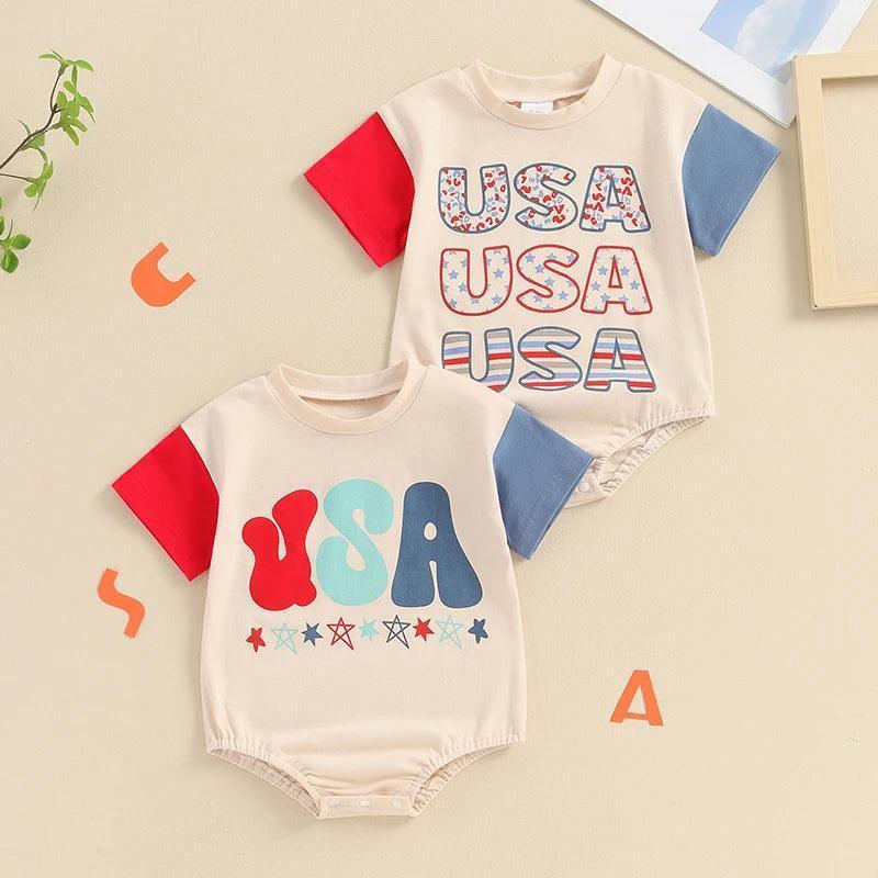 2024-03-04 Lioraitiin Infant Baby Boys Girls 4th of July Bosyuit Letter Star Print Contrast Color Short Sleeve O-Neck Jumpsuit - basil boutique