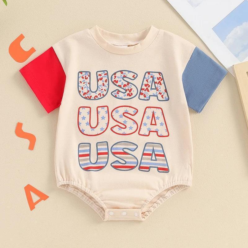 2024-03-04 Lioraitiin Infant Baby Boys Girls 4th of July Bosyuit Letter Star Print Contrast Color Short Sleeve O-Neck Jumpsuit - basil boutique