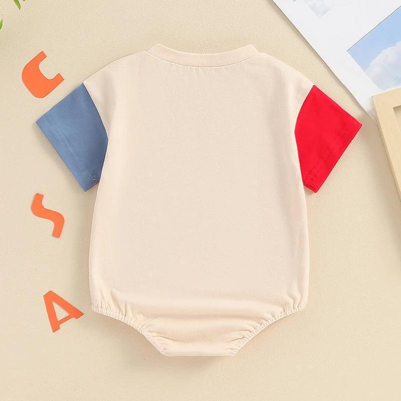 2024-03-04 Lioraitiin Infant Baby Boys Girls 4th of July Bosyuit Letter Star Print Contrast Color Short Sleeve O-Neck Jumpsuit - basil boutique