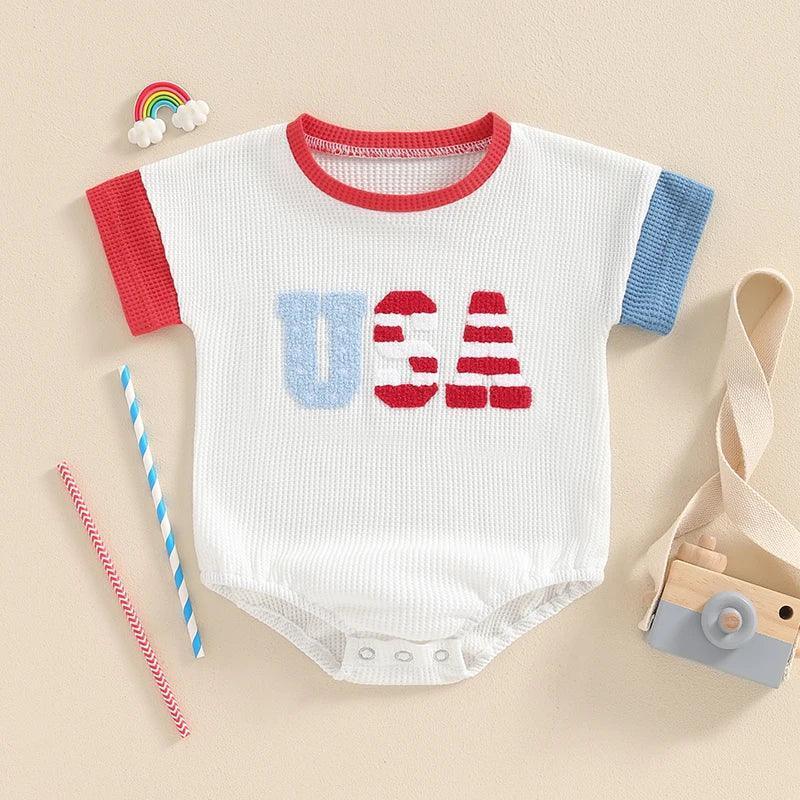 Summer Independence Day Infant Baby Girls Boys Fuzzy Letter Embroidery Contrast Color Short Sleeve Waffle Bodysuits - basil boutique