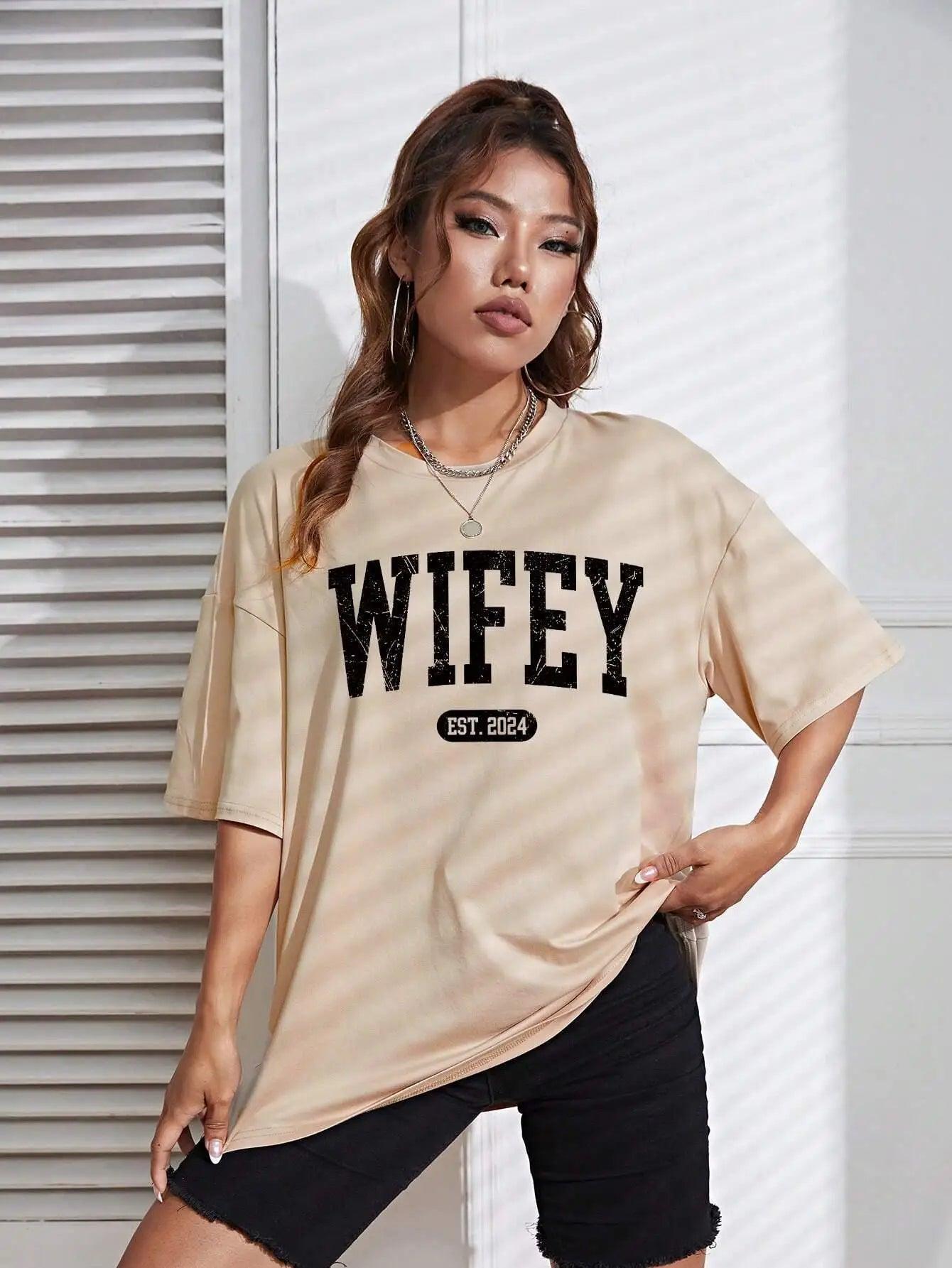 Wifey Est 2024 Funny Letter Graphic Female Tshirts Breathable Soft T-Shirt Oversized Fashion Short Sleeve Cotton Street T-Shirts - basil boutique