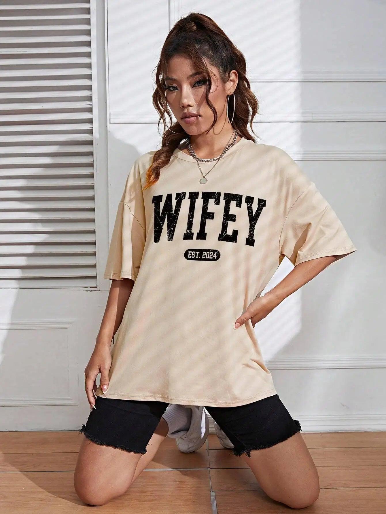 Wifey Est 2024 Funny Letter Graphic Female Tshirts Breathable Soft T-Shirt Oversized Fashion Short Sleeve Cotton Street T-Shirts - basil boutique