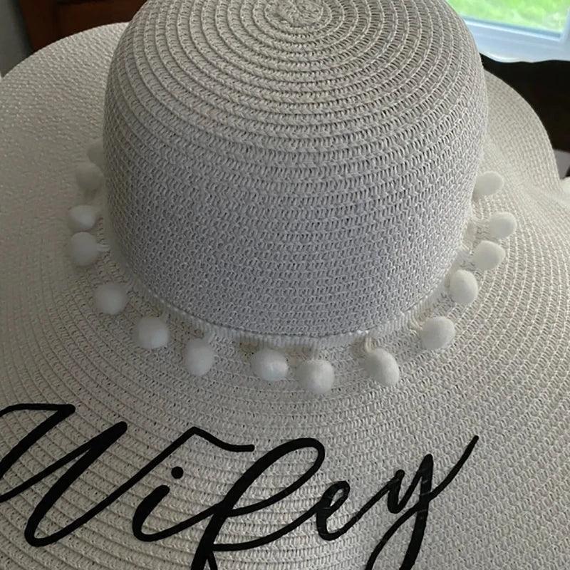 Wifey white pom Floppy Beach sun Hat Bride to be future Mrs Honeymoon trip Bachelorette hen do party bridal shower wedding Gift - basil boutique